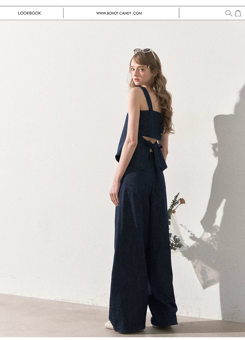 "Season of Ease" Vintage Navy Faux Denim Vest & Wide-Leg Pants Set