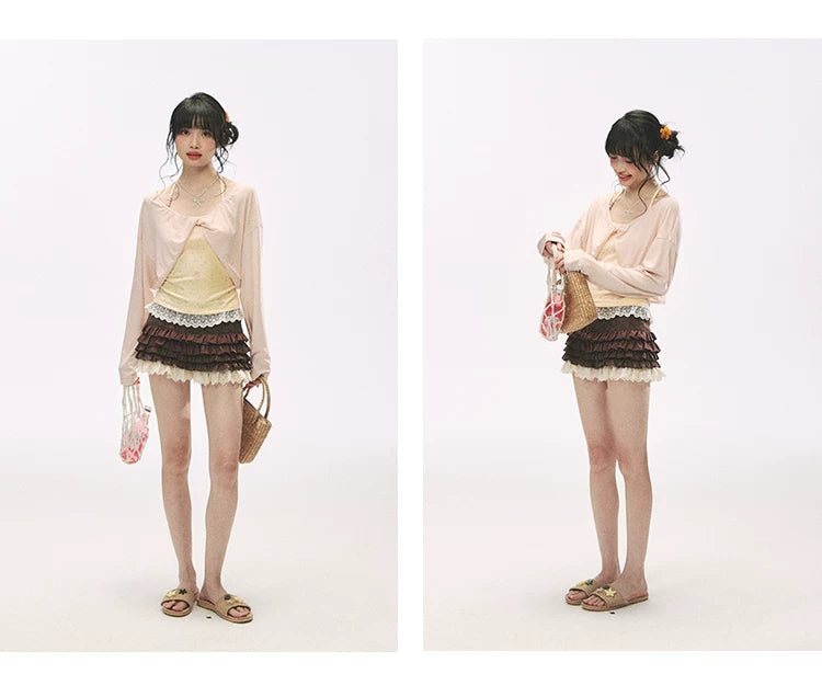 "Bear Cottage Holiday" Butter Yellow Lace Trim Bear Print Halter Knit Cami Top