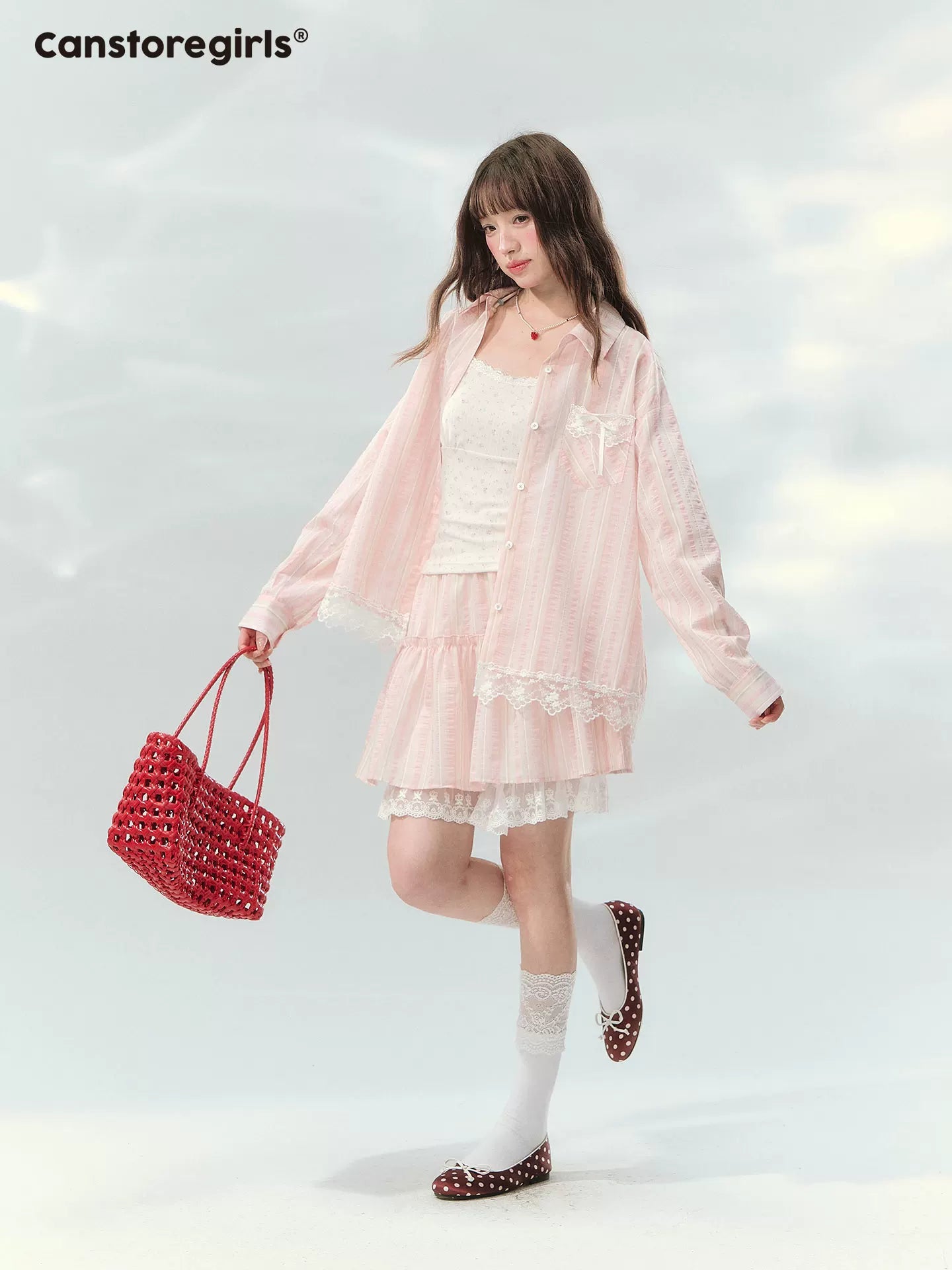 “Pink Mist Love Letter” Pink Stripe Lace Skirt Set LL2026161