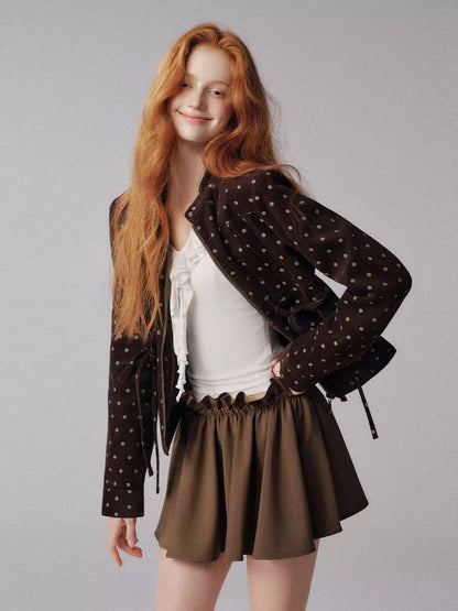 "可可焦糖" Khaki Ruffle-Waist Puff Mini Skirt - MIU-Inspired