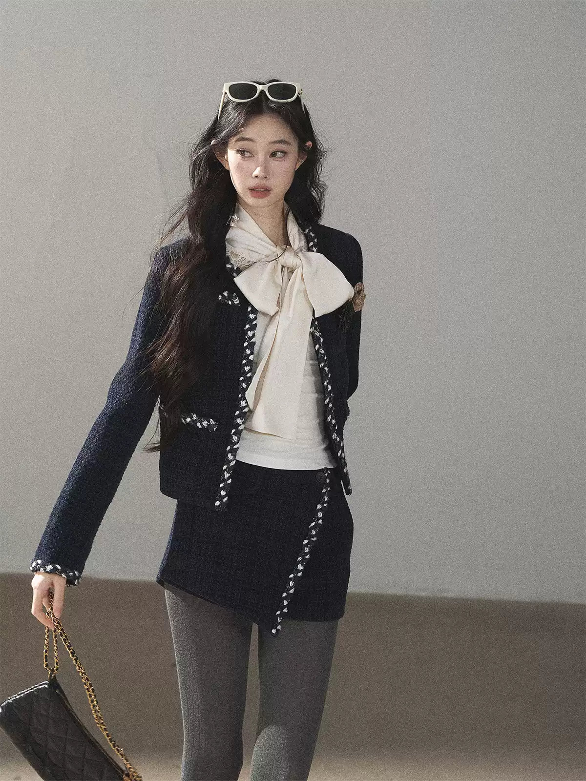 AOMALM - Navy Tweed Jacket & Skort Set with Dutch Cheese Top