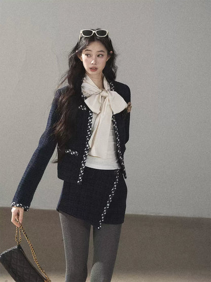 AOMALM - Navy Tweed Jacket & Skort Set with Dutch Cheese Top