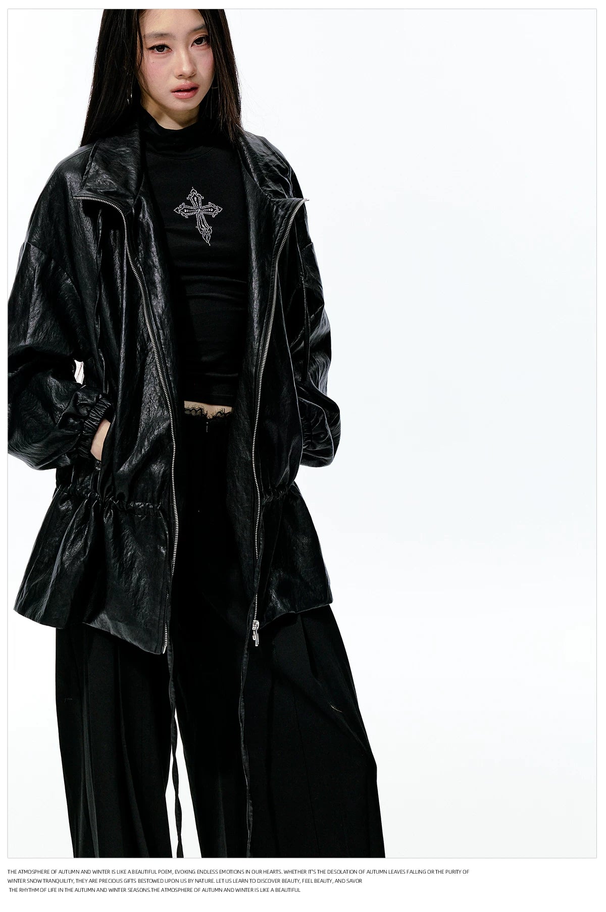 JN's DESIGN - Black Drawstring Faux Leather Jacket with Lace Back Detail