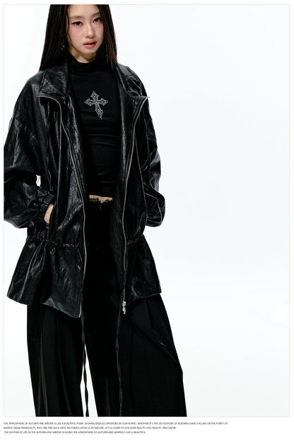 JN's DESIGN - Black Drawstring Faux Leather Jacket with Lace Back Detail
