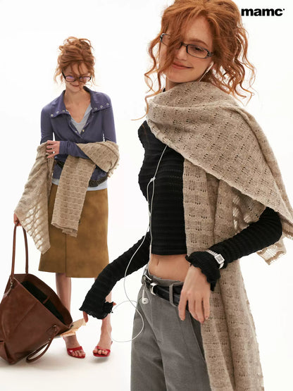 MAMC - Textured Wave Knit Scarf Shawl (Khaki / Gray)