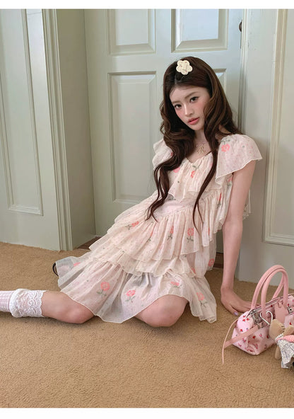 “Cloud Ruffle Reverie” Cream Apricot Floral Ruffle Dress