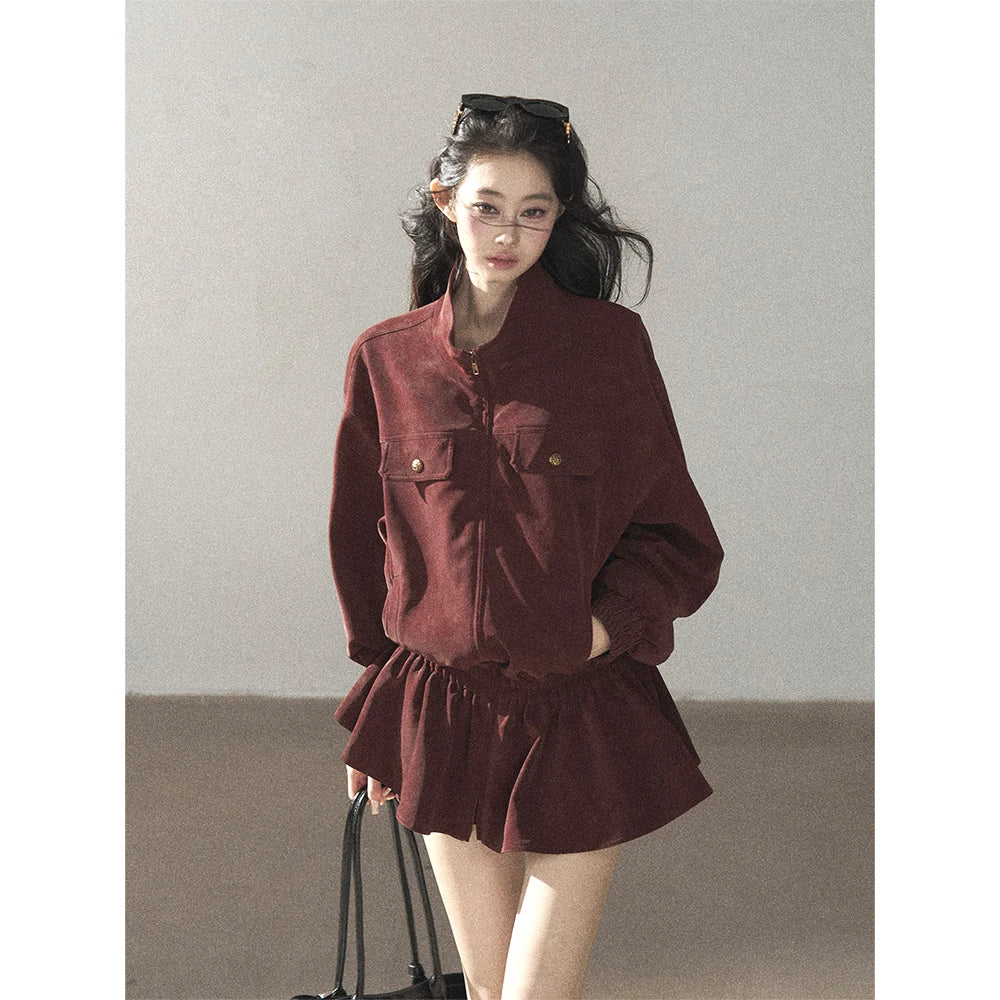 AOMALM - Burgundy PU Suede Jacket & A-Line Shorts Set