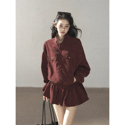 AOMALM - Burgundy PU Suede Jacket & A-Line Shorts Set