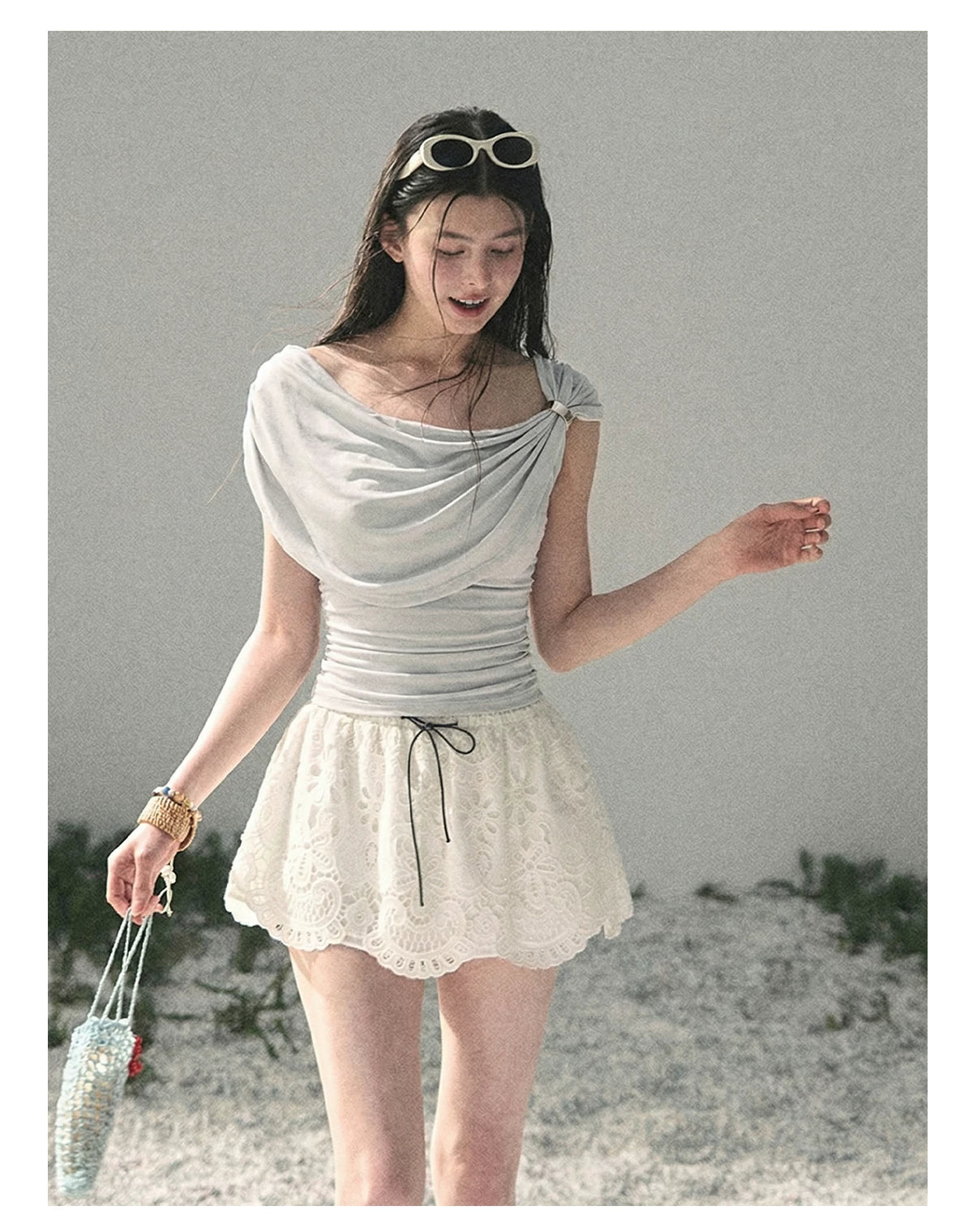 “When the Wind Stole Moonlight” Moonstone Draped Off-Shoulder Top
