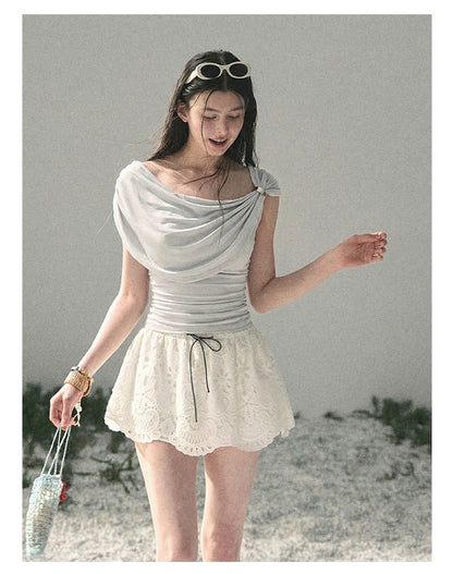“When the Wind Stole Moonlight” Moonstone Draped Off-Shoulder Top