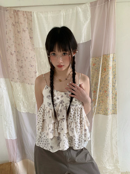 "Among the Blossoms" Soft Gray Floral Cotton Ruffle Cami Top
