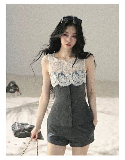 "Blossoms Through the Mist" Moon Mist Gray Lace Top & Tailored Shorts Two-Piece Set