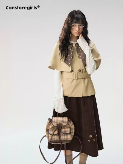 [CAN] "Afternoon Tea Break" Khaki Bow Cape Trench Coat Set
