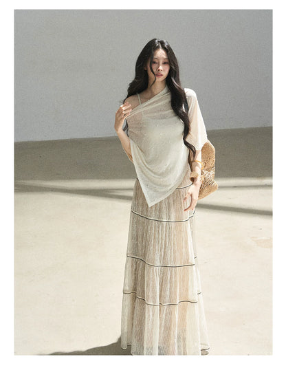 "Mist Through the Woods" Creamy Apricot White Lace Maxi A-Line Skirt