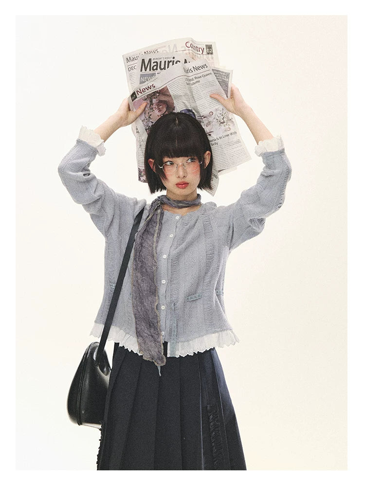 "Wisteria Whisper" Open-Knit Lace Tie Cardigan (Wisteria/ Ivory)