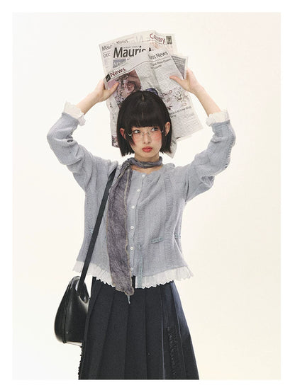 "Wisteria Whisper" Open-Knit Lace Tie Cardigan (Wisteria/ Ivory)