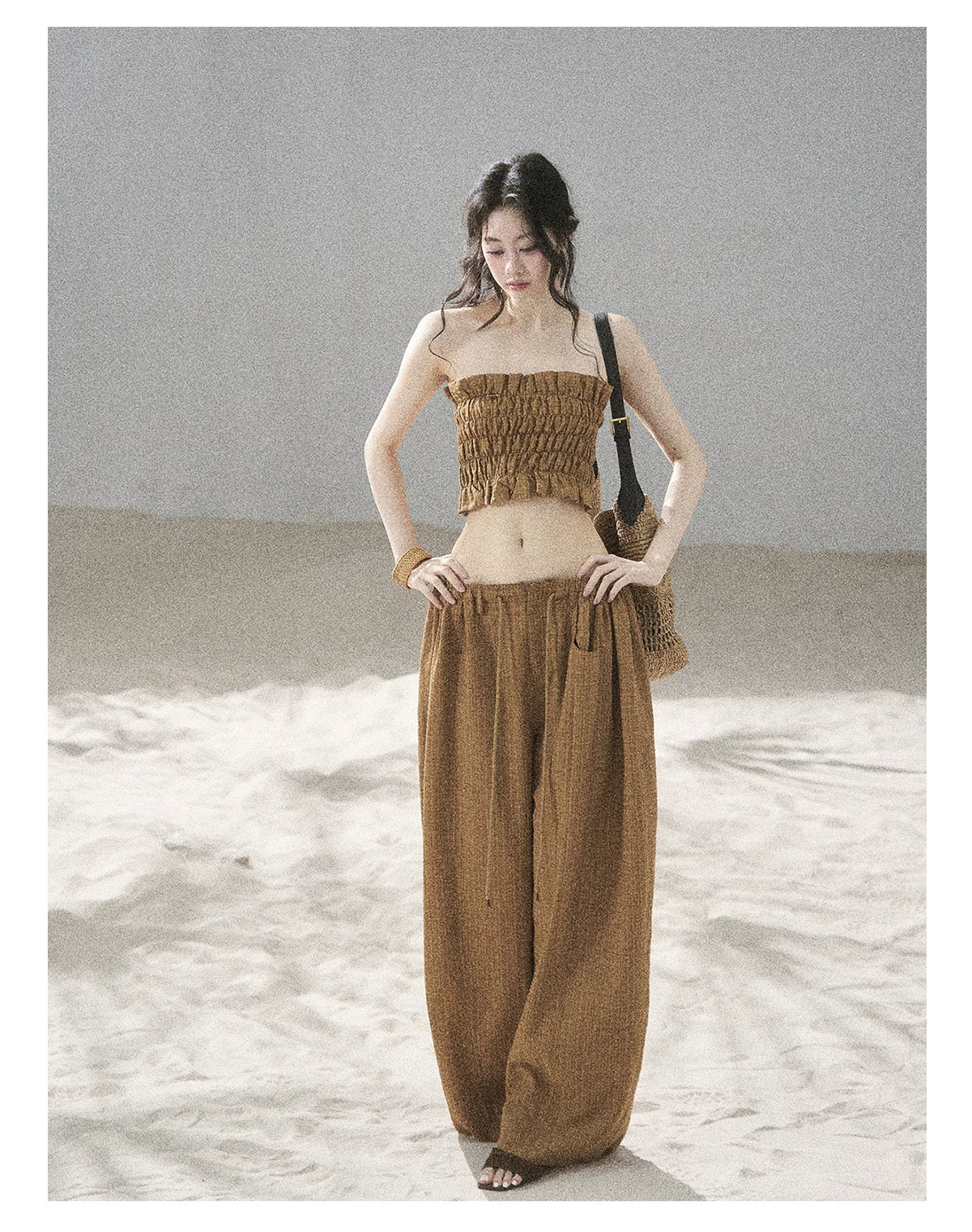 "Caramel Dusk" Ash Caramel Shirred Bandeau Top & Relaxed Pants Set