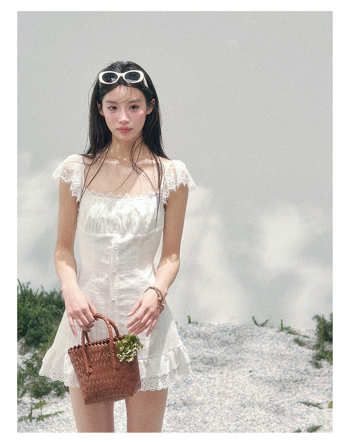 “Summer Tide Reverie” Lace Trim Puff Mini Dress