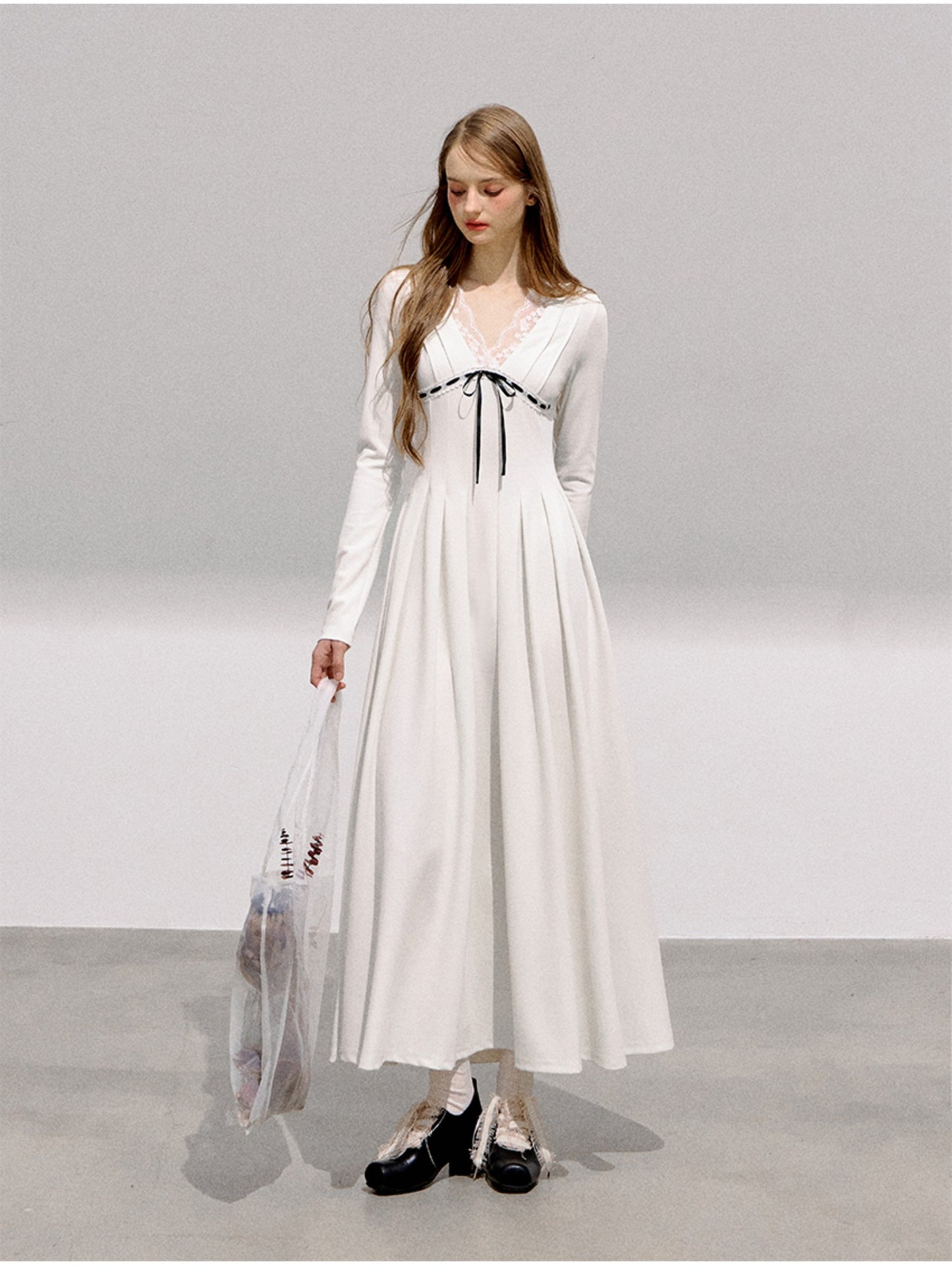 BOHOL BLING - French Romantic V-Neck Lace Trim Pleated Maxi Dress
