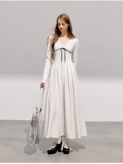BOHOL BLING - French Romantic V-Neck Lace Trim Pleated Maxi Dress