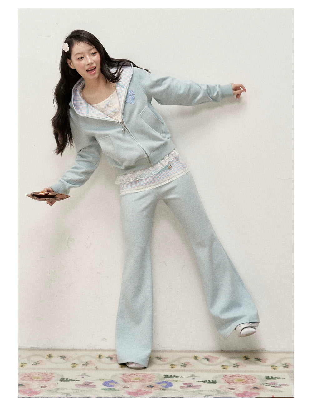 [RF] Soft Gingham Color-Block Hoodie and Flare Pants Set (Blue / Mauve)
