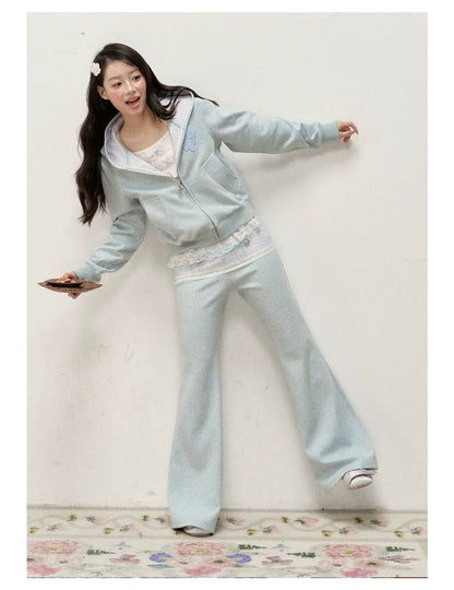 [RF] Soft Gingham Color-Block Hoodie and Flare Pants Set (Blue / Mauve)