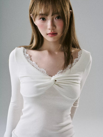 LOST FOREST - Lace Twist-Font Fitted Top (Cream White / Goose Yellow)