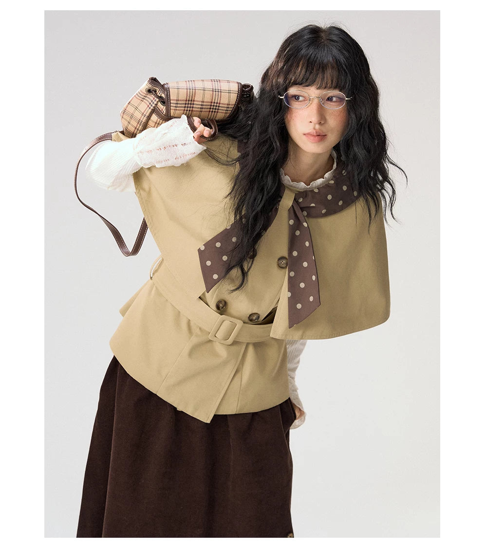 [CAN] "Afternoon Tea Break" Khaki Bow Cape Trench Coat Set