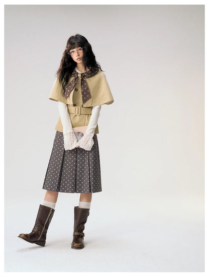 [CAN] "Afternoon Tea Break" Khaki Bow Cape Trench Coat Set