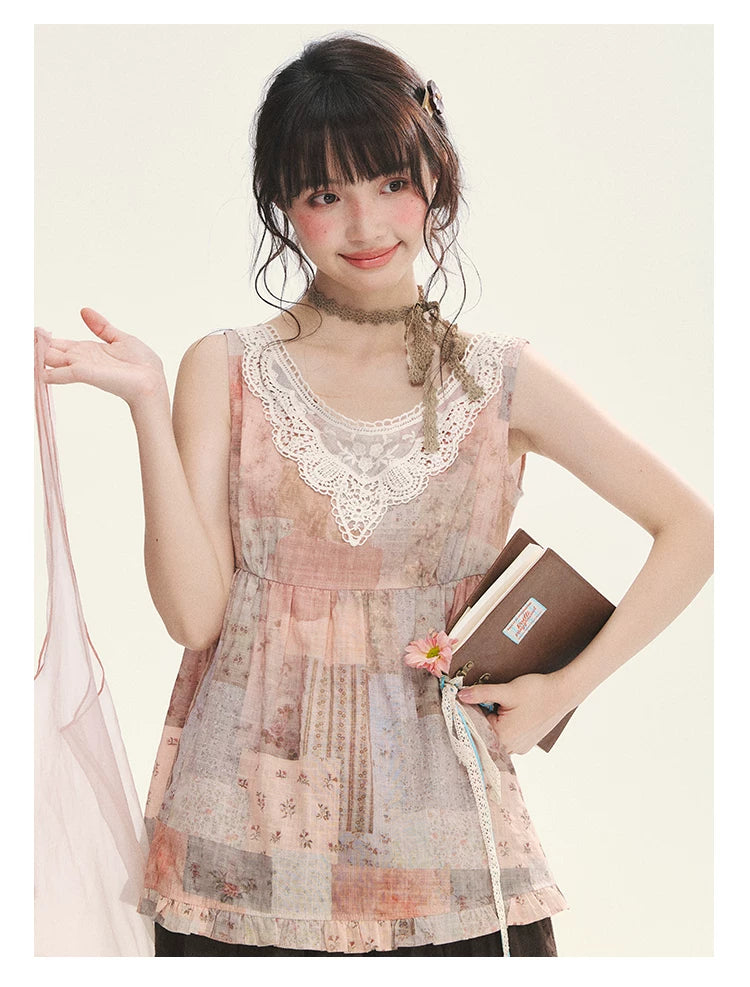 "Fragments of Time" Pink Brown Patchwork Lace Ruffle Trim Sleeveless Top