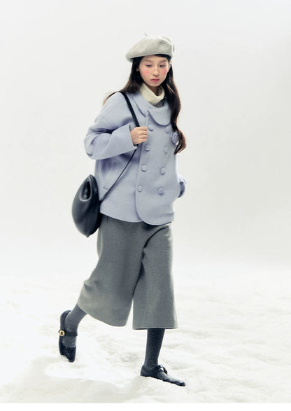 "Rose Manifesto" Frosted Blue Double-Breasted Quilted Wool-Blend Peacoat