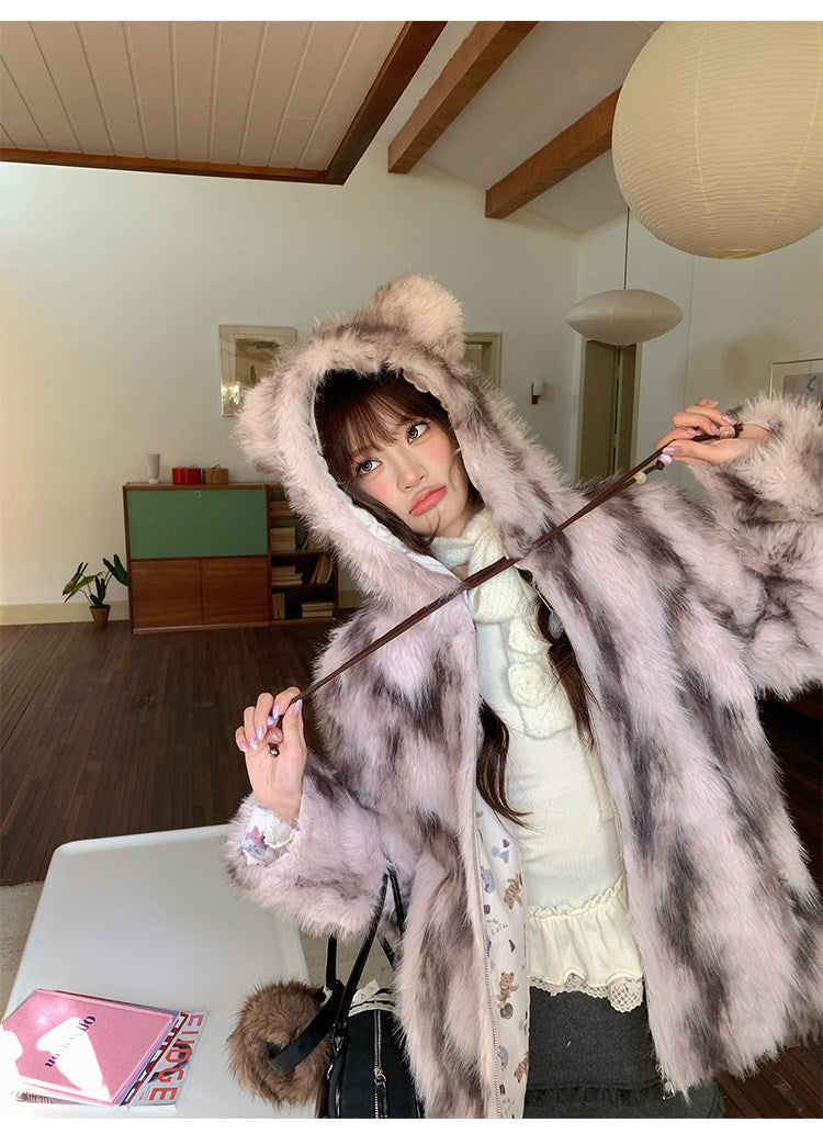 阮阮自制 - "Sweet Beauty Mark" Ombre Faux Fur Hooded Puffer Jacket