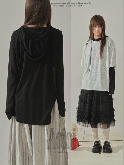 "Summer Haze" Hooded Knit Sun Protection Long Sleeve T-Shirt (Black / White)