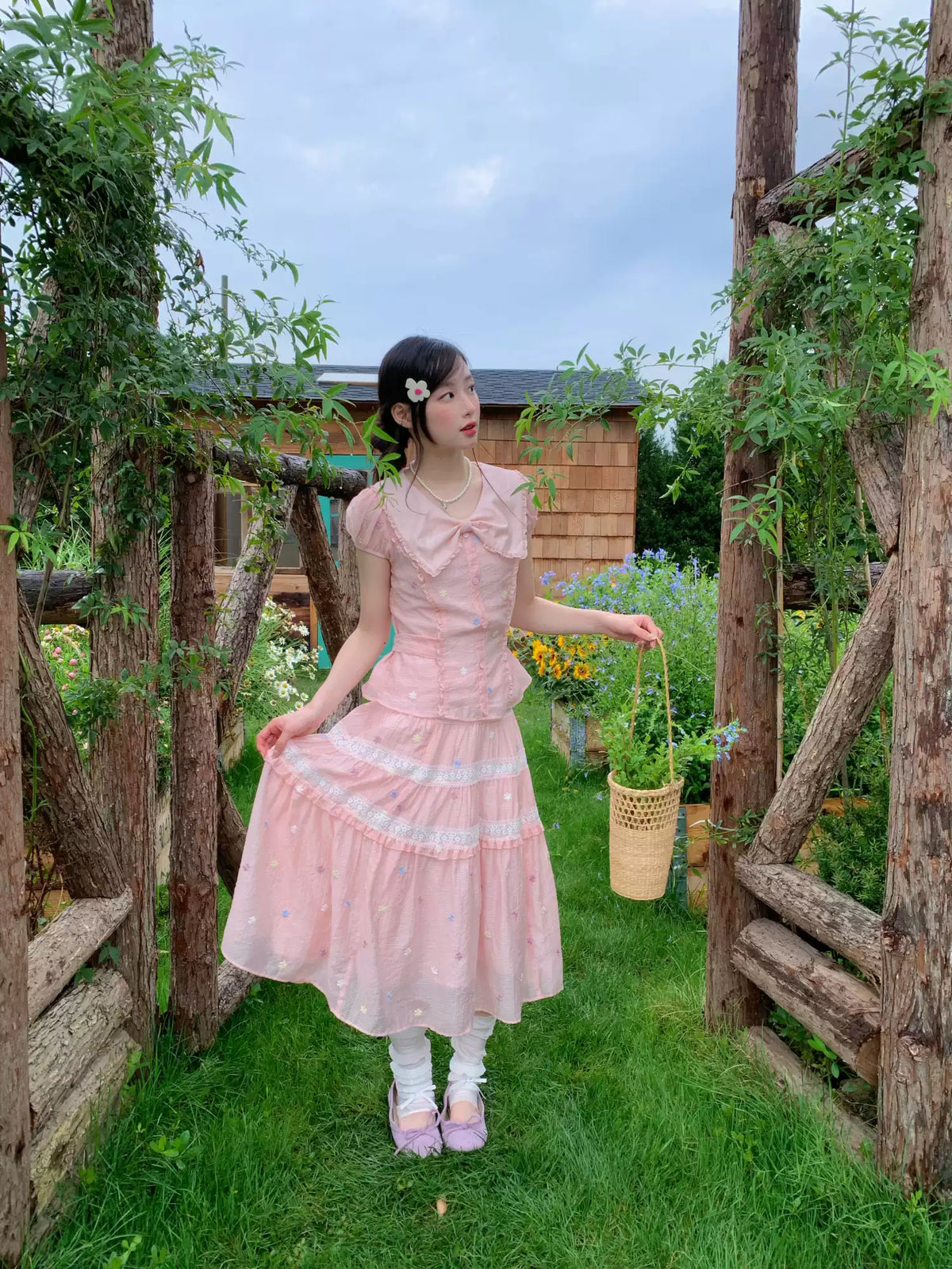 [RF] “Whispered Dream” Pink Bow Lace Tiered Skirt Two-Piece Set