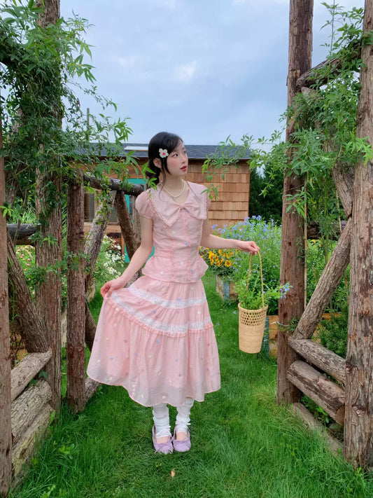 [RF] “Whispered Dream” Pink Bow Lace Tiered Skirt Two-Piece Set