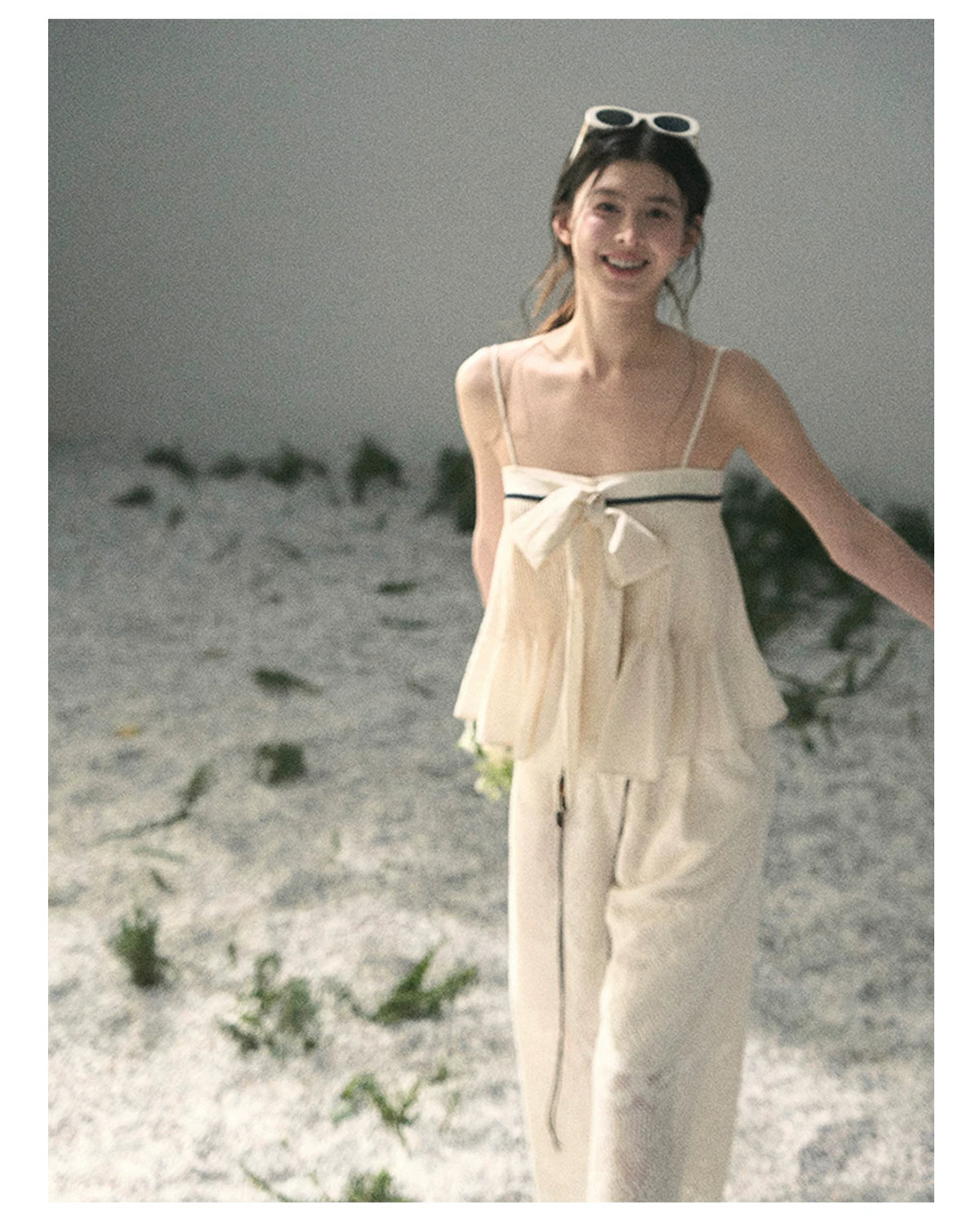 “Breeze Over Pleats” Cream Ribbon Camisole Top