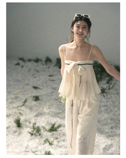“Breeze Over Pleats” Cream Ribbon Camisole Top