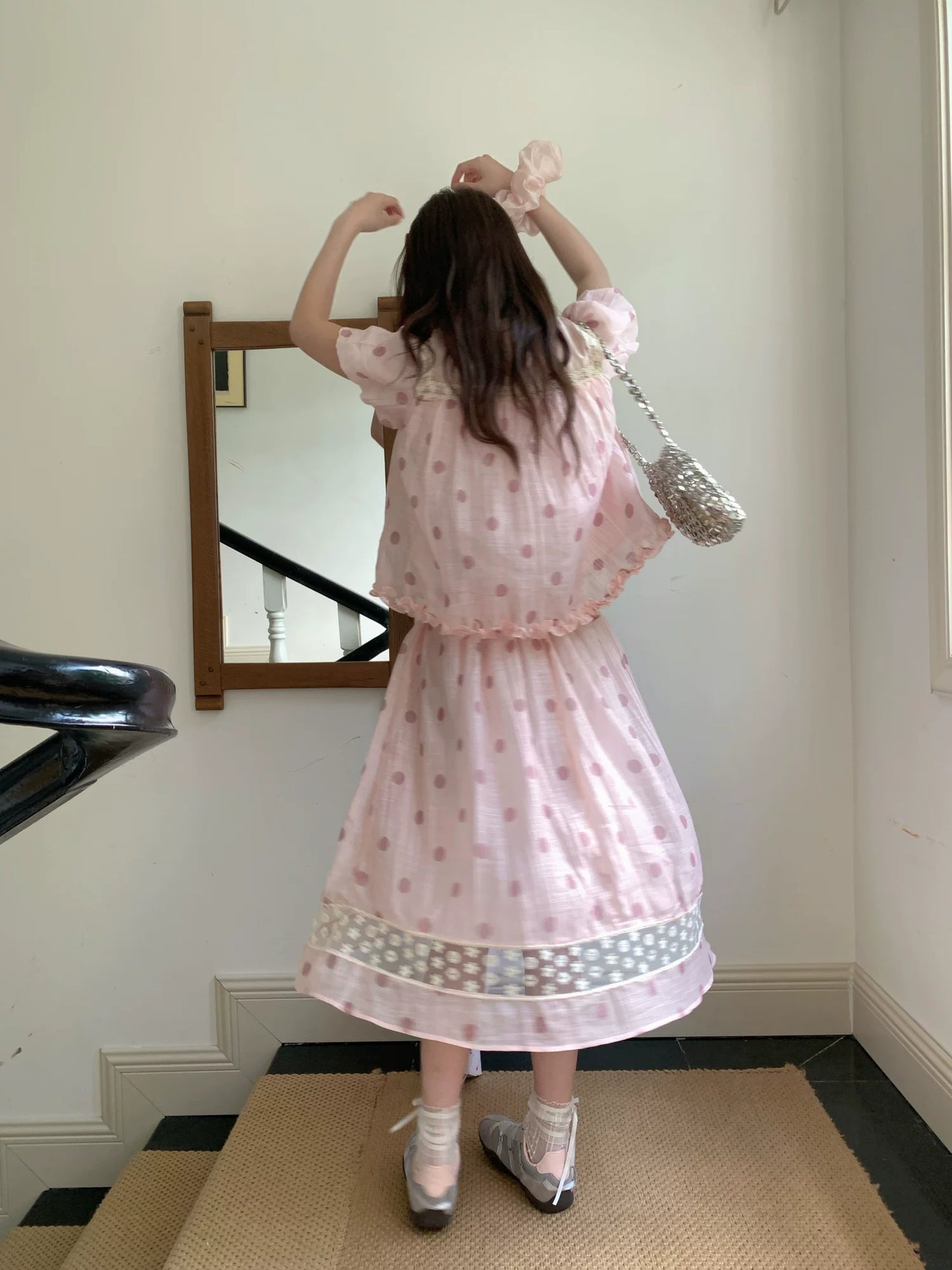 [RF] “Peach Polka Daydream” Pink Polka Dot Two-Piece Skirt Set