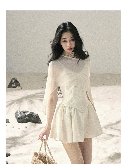 "Veiled in Mist" Cream Apricot Puff Mini Dress & Chiffon Shawl Set 5348