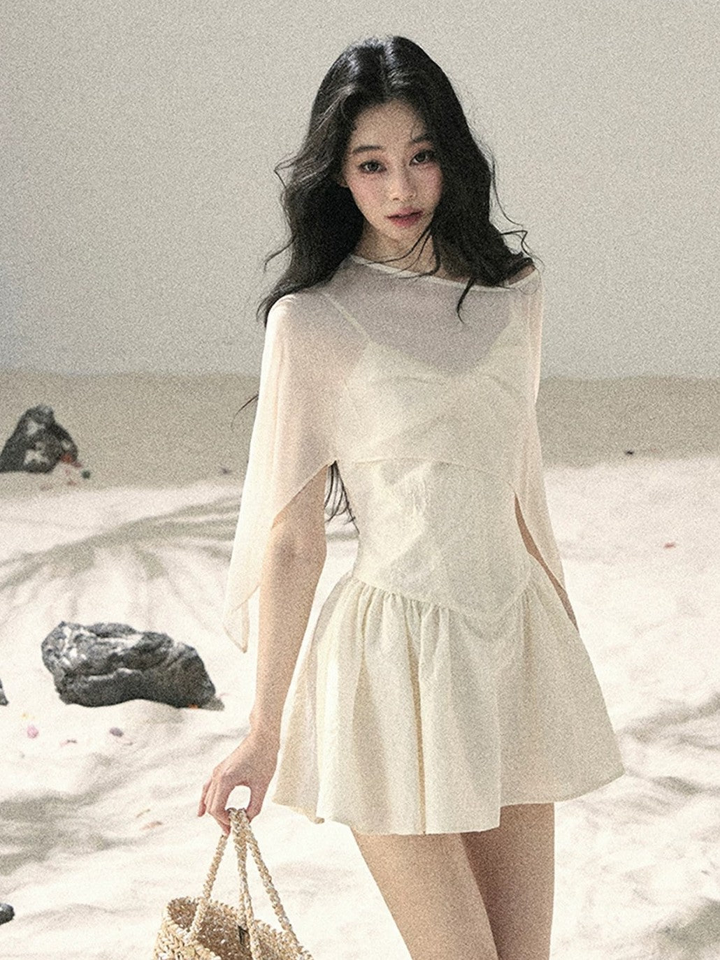 "Veiled in Mist" Cream Apricot Puff Mini Dress & Chiffon Shawl Set 5348