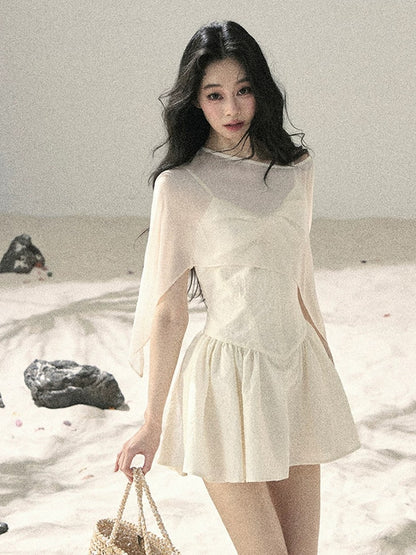 "Veiled in Mist" Cream Apricot Puff Mini Dress & Chiffon Shawl Set 5348