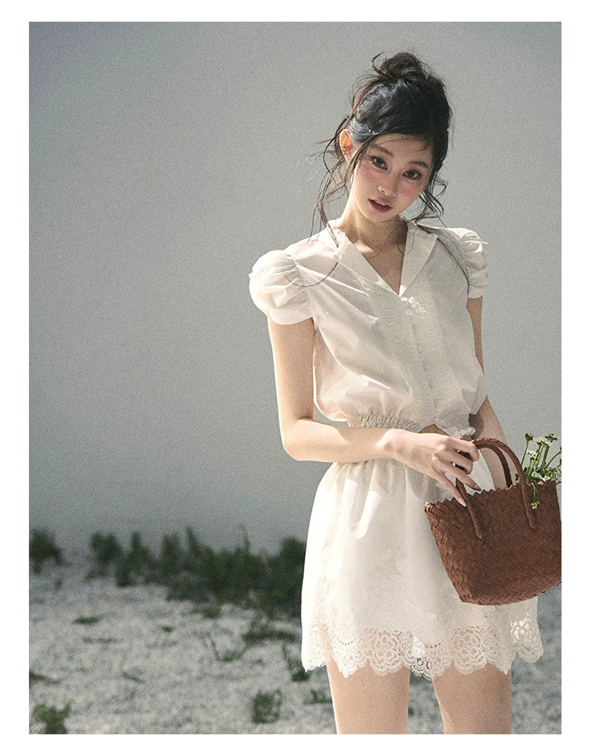"Rose Petals in Secret" Cloud White Lace Two-Piece Skirt Set 142453