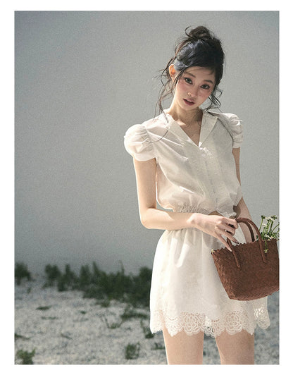 "Rose Petals in Secret" Cloud White Lace Two-Piece Skirt Set 142453