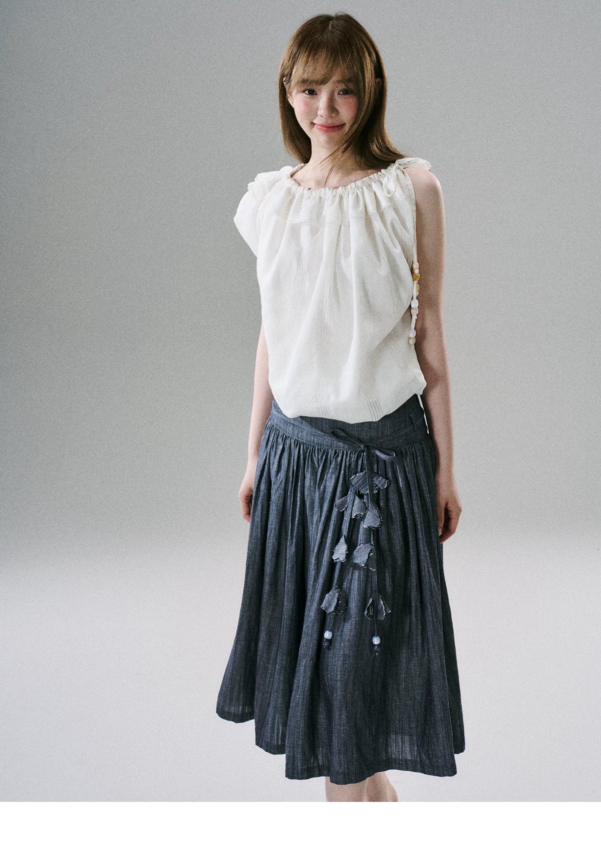 LOST FOREST - Natural Linen-Blend Drawstring Shoulder Top