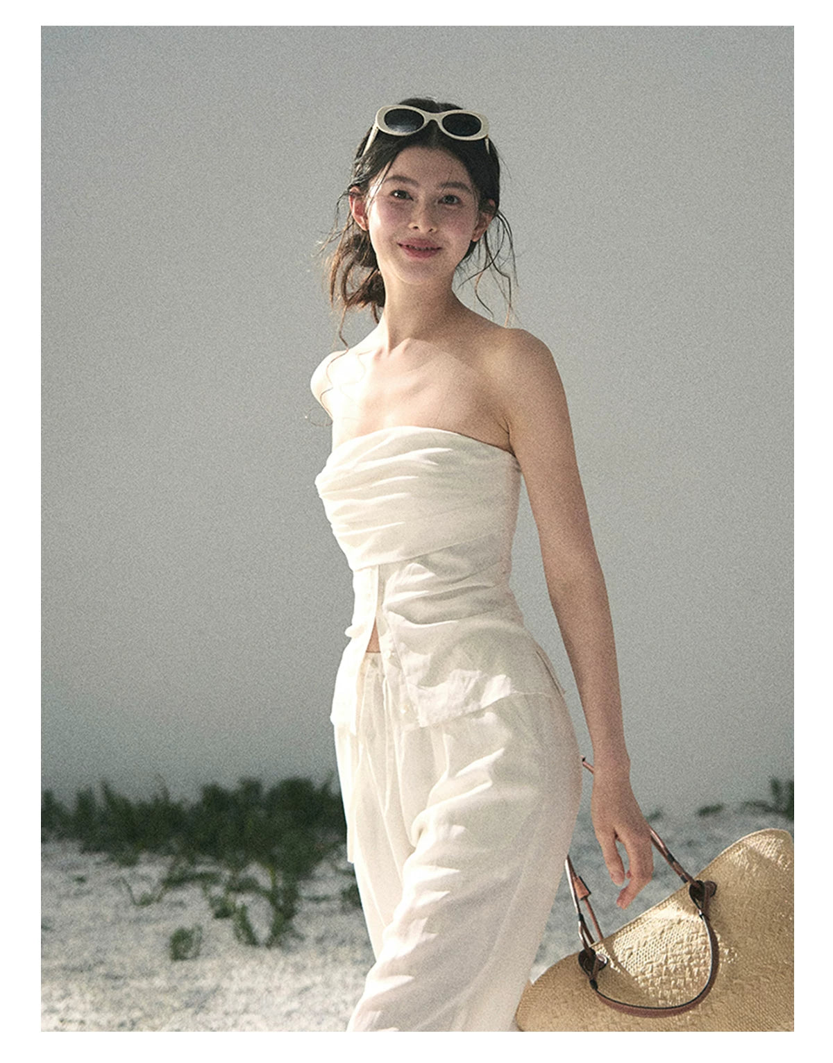 “Breath Across the Shoulders” Natural Beige Layered Bustier Top & Wide-Leg Trousers