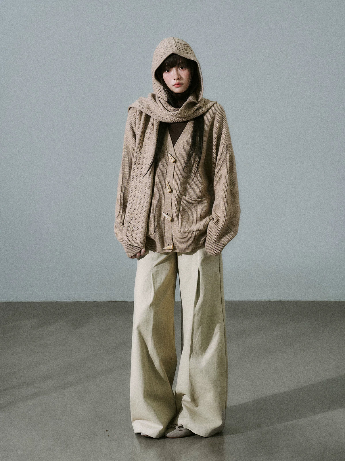 LOST FOREST - Tea Brown Wool-Blend Hooded Scarf Cardigan Set