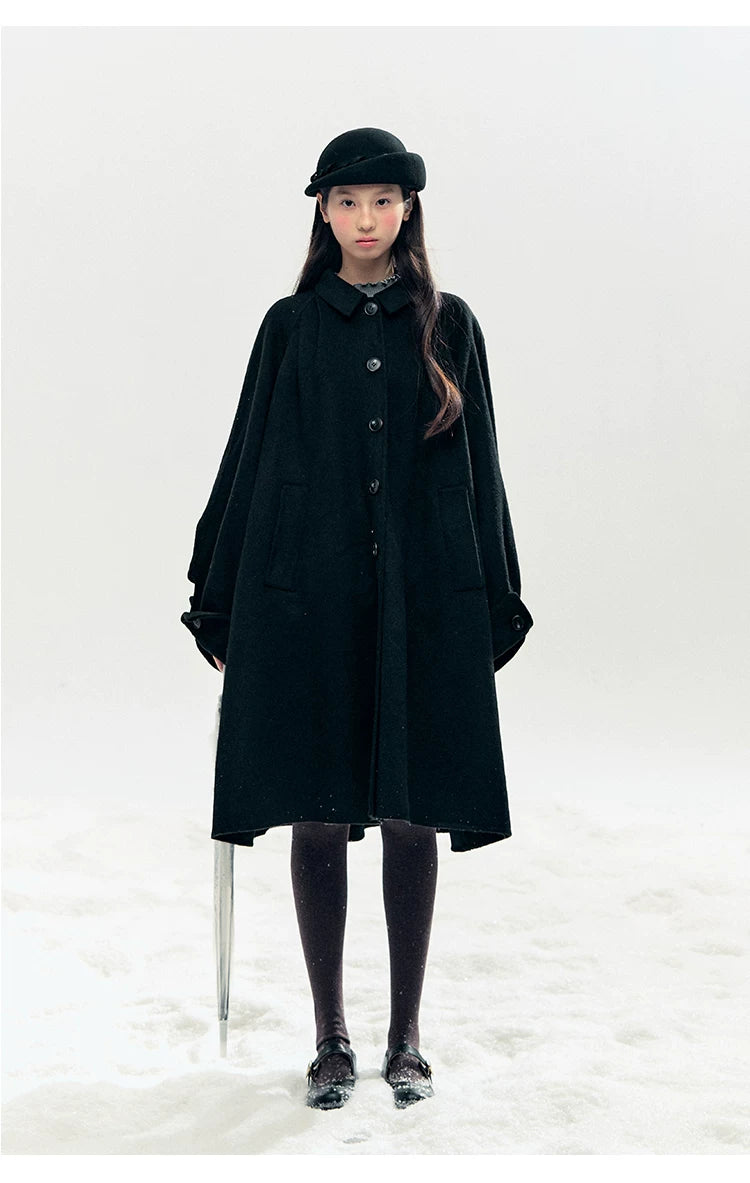 "Black & White Waltz" Hand-Stitched Wool-Blend Swing Coat (Ivory/ Black)