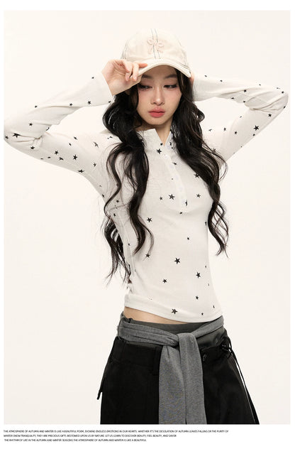 JN's DESIGN - Star Print Fitted Henley Long-Sleeve Top (White / Taro Pink-Purple)