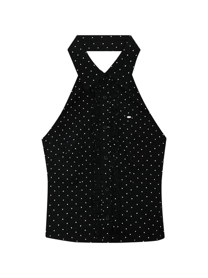 "Midnight Rendezvous" Black Polka Dot Halter Sleeveless Blouse