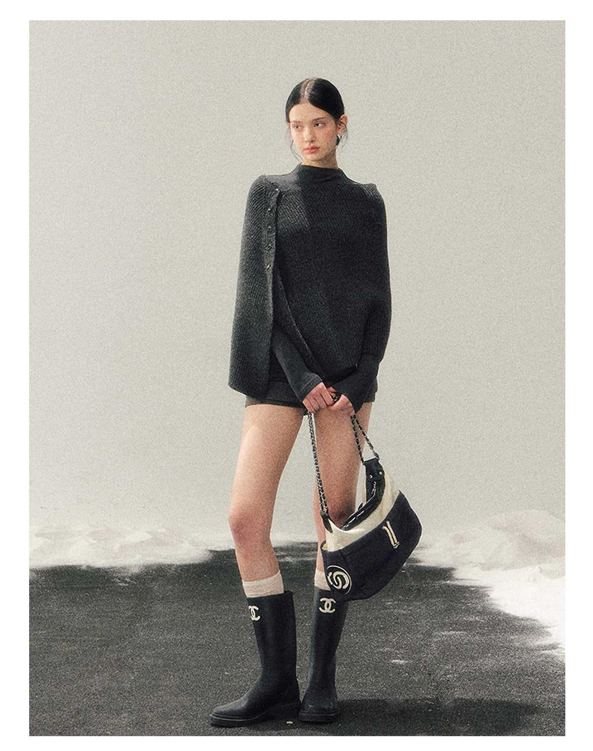 少也眼 “Dusk Finds Its Way Home” Korean Lazy Knit Shawl Two-Piece Set